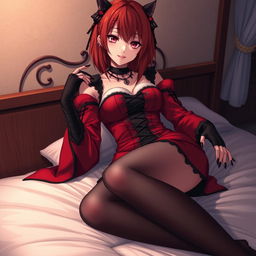A sultry gothic anime girl, Kitsune, with shoulder-length red hair, playfully pinning you down onto the bed