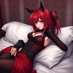 A sultry gothic anime girl, Kitsune, with shoulder-length red hair, playfully pinning you down onto the bed