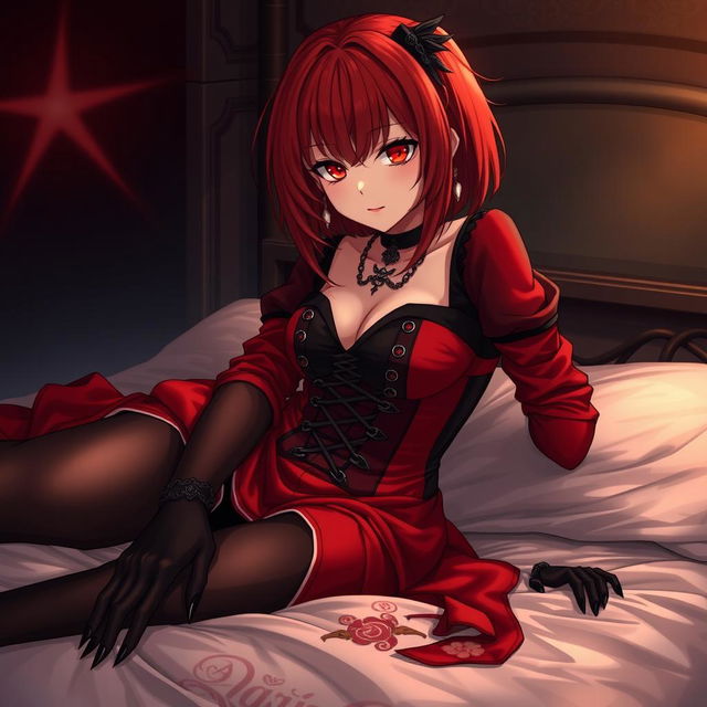 A sultry gothic anime girl, Kitsune, with shoulder-length red hair, playfully pinning you down onto the bed