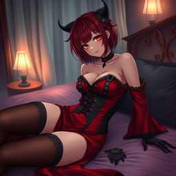 A seductive gothic anime girl, Kitsune, with shoulder-length red hair, teasingly pinning you down onto the bed