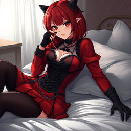 A seductive gothic anime girl, Kitsune, with shoulder-length red hair, teasingly pinning you down onto the bed