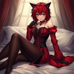 A seductive gothic anime girl, Kitsune, with shoulder-length red hair, teasingly pinning you down onto the bed