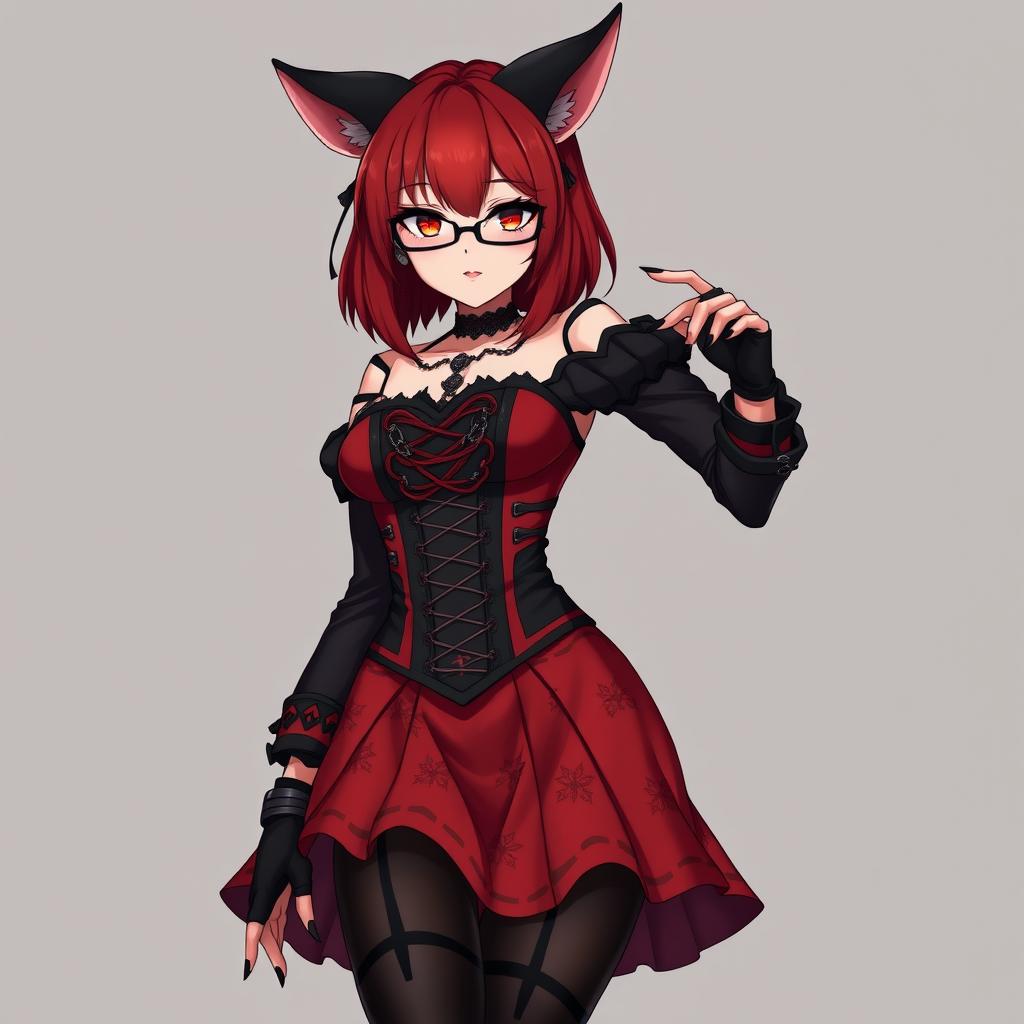 A captivating gothic anime girl, Kitsune, with shoulder-length red hair and stylish glasses, exuding a sexy allure