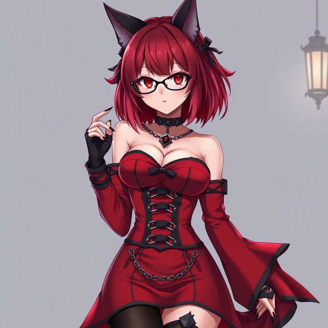 A captivating gothic anime girl, Kitsune, with shoulder-length red hair and stylish glasses, exuding a sexy allure