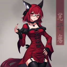 A captivating gothic anime girl, Kitsune, with shoulder-length red hair and stylish glasses, exuding a sexy allure