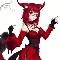 A captivating gothic anime girl, Kitsune, with shoulder-length red hair and stylish glasses, exuding a sexy allure