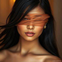 A close-up portrait of a beautiful woman with her eyes covered with skin-colored fabric, showcasing her flawless complexion