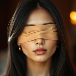 A close-up portrait of a beautiful woman with her eyes covered with skin-colored fabric, showcasing her flawless complexion