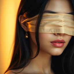 A close-up portrait of a beautiful woman with her eyes covered with skin-colored fabric, showcasing her flawless complexion