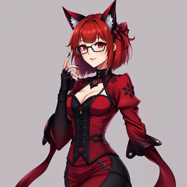 A stunning gothic anime girl, Kitsune, with shoulder-length red hair and fashionable glasses, radiating a sexy charm