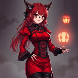 A stunning gothic anime girl, Kitsune, with shoulder-length red hair and fashionable glasses, radiating a sexy charm