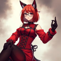 A stunning gothic anime girl, Kitsune, with shoulder-length red hair and fashionable glasses, radiating a sexy charm