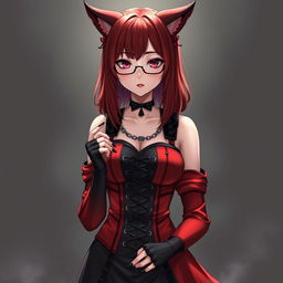 A stunning gothic anime girl, Kitsune, with shoulder-length red hair and fashionable glasses, radiating a sexy charm