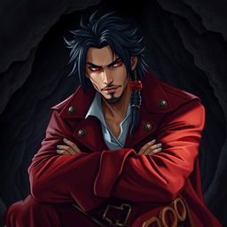 A male pirate with striking black hair and piercing crimson red eyes, wearing a lavish red pirate coat