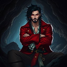 A male pirate with striking black hair and piercing crimson red eyes, wearing a lavish red pirate coat