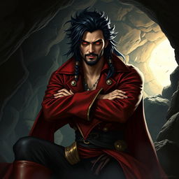 A male pirate with striking black hair and piercing crimson red eyes, wearing a lavish red pirate coat