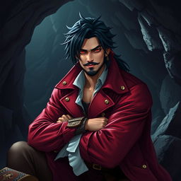 A male pirate with striking black hair and piercing crimson red eyes, wearing a lavish red pirate coat