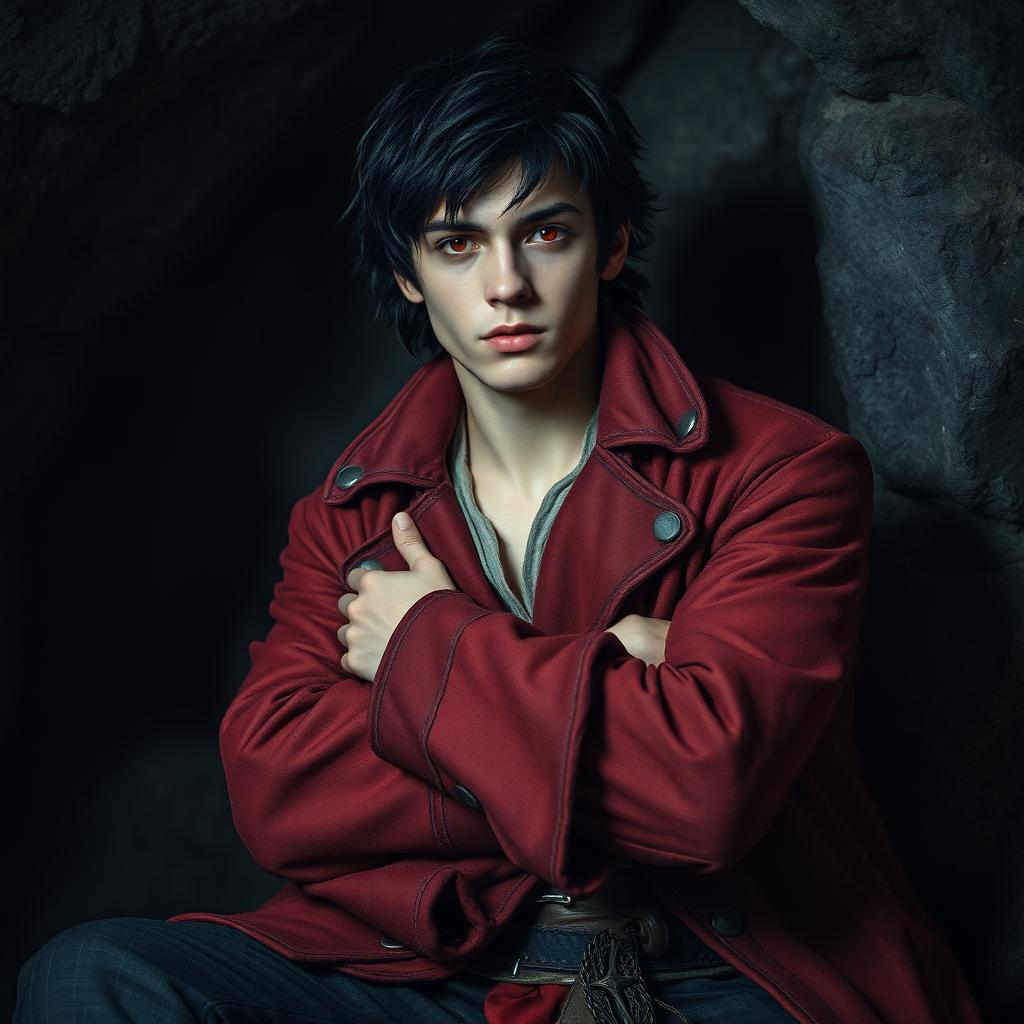 A young adult male pirate with striking black hair and deep crimson red eyes, sitting confidently in a dark, moody cave