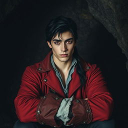A young adult male pirate with striking black hair and deep crimson red eyes, sitting confidently in a dark, moody cave
