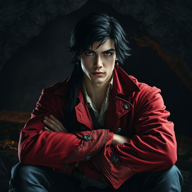 A young adult male pirate with striking black hair and deep crimson red eyes, sitting confidently in a dark, moody cave