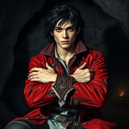 A young adult male pirate with striking black hair and deep crimson red eyes, sitting confidently in a dark, moody cave