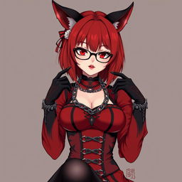 A mesmerizing gothic anime girl, Kitsune, with shoulder-length red hair and striking glasses, exuding a sexy presence