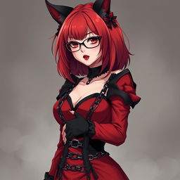 A mesmerizing gothic anime girl, Kitsune, with shoulder-length red hair and striking glasses, exuding a sexy presence