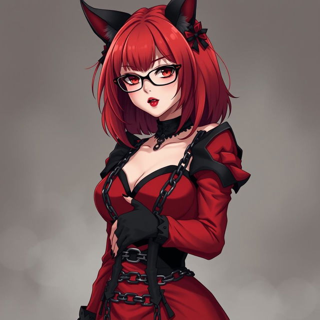 A mesmerizing gothic anime girl, Kitsune, with shoulder-length red hair and striking glasses, exuding a sexy presence