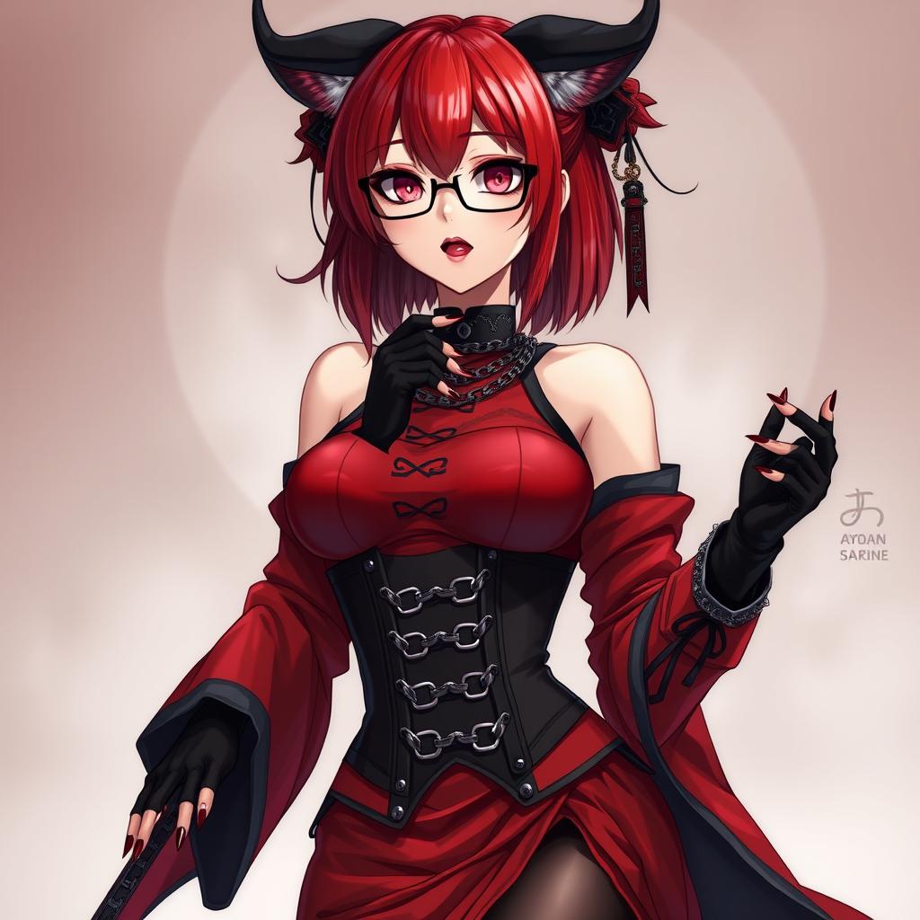 A mesmerizing gothic anime girl, Kitsune, with shoulder-length red hair and striking glasses, exuding a sexy presence