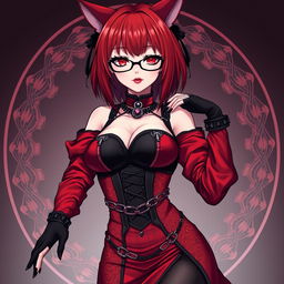 A mesmerizing gothic anime girl, Kitsune, with shoulder-length red hair and striking glasses, exuding a sexy presence