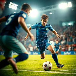 An intense moment captured during a football match featuring a dynamic player in action