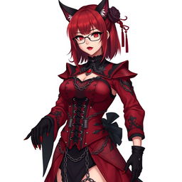 A stunning gothic anime girl, Kitsune, with shoulder-length red hair and elegant glasses, showcasing her sexy appeal