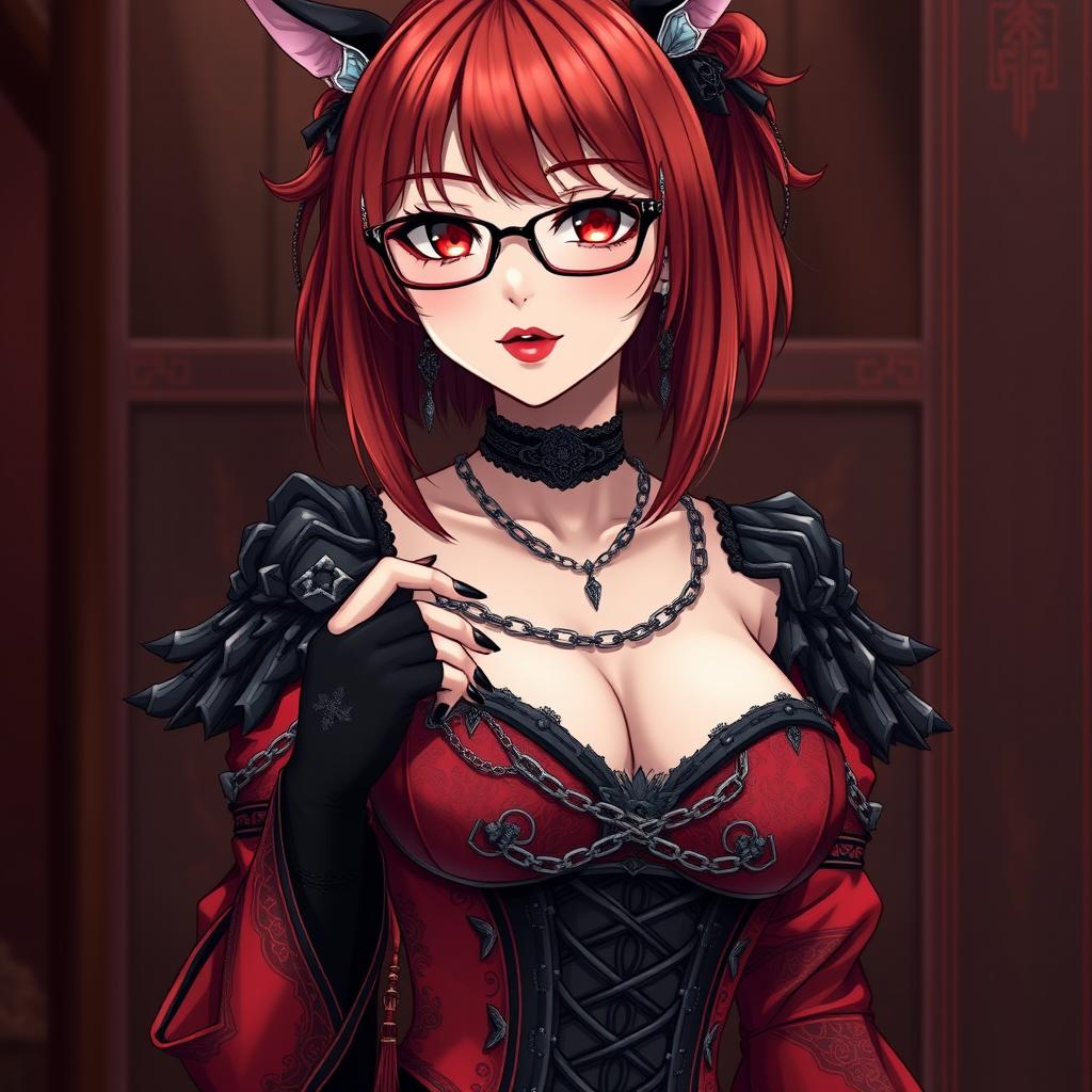 A stunning gothic anime girl, Kitsune, with shoulder-length red hair and elegant glasses, showcasing her sexy appeal