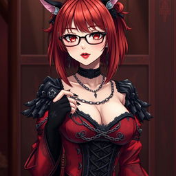 A stunning gothic anime girl, Kitsune, with shoulder-length red hair and elegant glasses, showcasing her sexy appeal