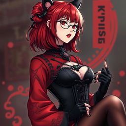 A stunning gothic anime girl, Kitsune, with shoulder-length red hair and elegant glasses, showcasing her sexy appeal