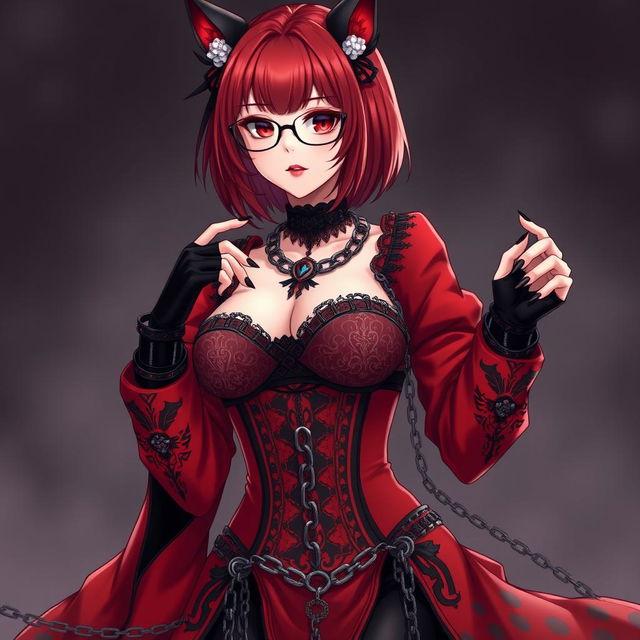 A stunning gothic anime girl, Kitsune, with shoulder-length red hair and elegant glasses, showcasing her sexy appeal