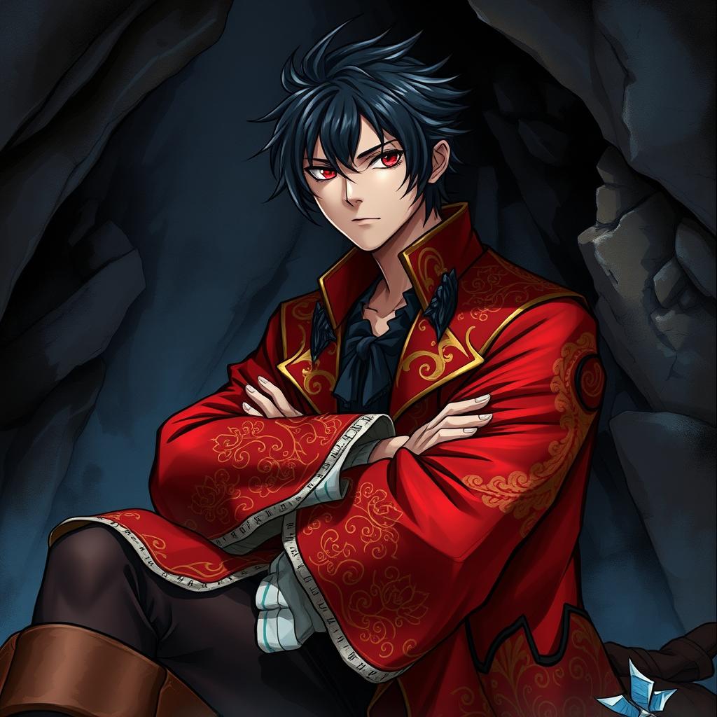 An adventurous light novel cover featuring a young adult male pirate with striking black hair and captivating crimson red eyes