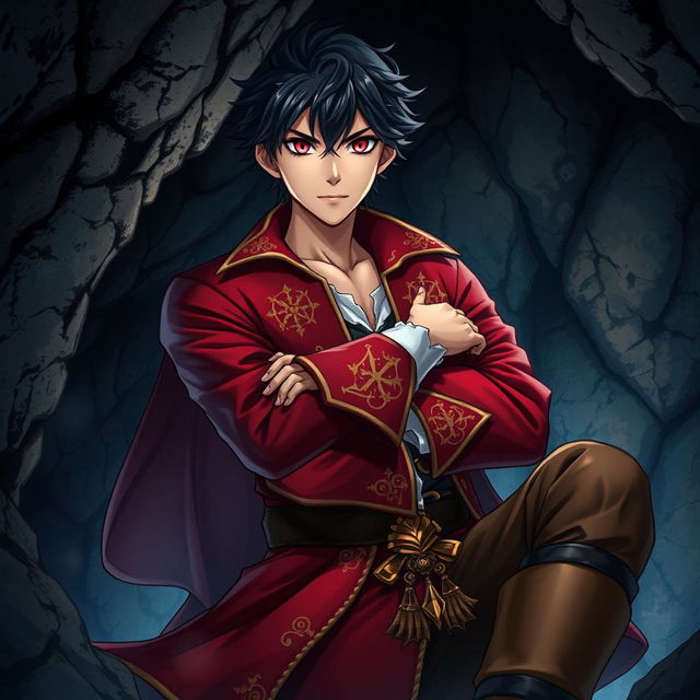 An adventurous light novel cover featuring a young adult male pirate with striking black hair and captivating crimson red eyes