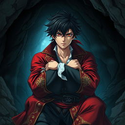 An adventurous light novel cover featuring a young adult male pirate with striking black hair and captivating crimson red eyes