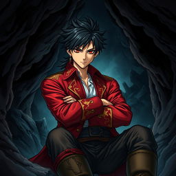 An adventurous light novel cover featuring a young adult male pirate with striking black hair and captivating crimson red eyes
