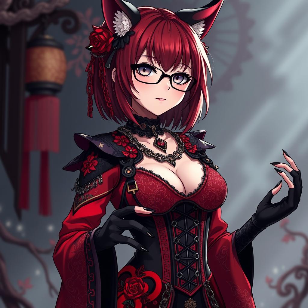 An alluring gothic anime girl, Kitsune, featuring shoulder-length red hair and stylish glasses, embodying a captivating sexy aesthetic