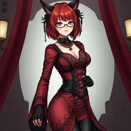 An alluring gothic anime girl, Kitsune, featuring shoulder-length red hair and stylish glasses, embodying a captivating sexy aesthetic