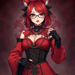 An alluring gothic anime girl, Kitsune, featuring shoulder-length red hair and stylish glasses, embodying a captivating sexy aesthetic