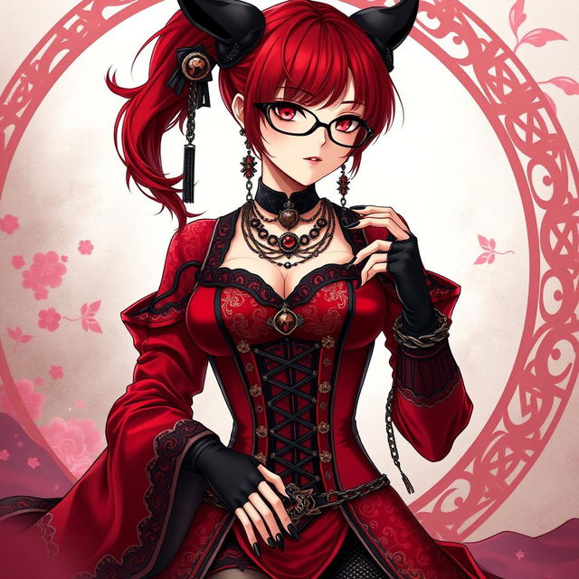 An alluring gothic anime girl, Kitsune, featuring shoulder-length red hair and stylish glasses, embodying a captivating sexy aesthetic