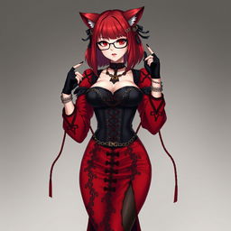 An enchanting gothic anime girl, Kitsune, featuring shoulder-length red hair and stylish glasses, embodying a captivating sexy aesthetic