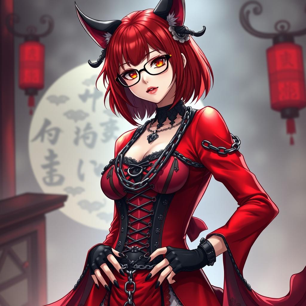 An enchanting gothic anime girl, Kitsune, featuring shoulder-length red hair and stylish glasses, embodying a captivating sexy aesthetic