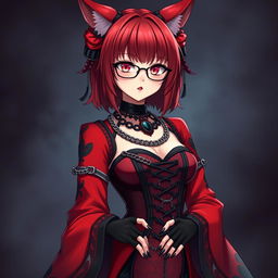 An enchanting gothic anime girl, Kitsune, featuring shoulder-length red hair and stylish glasses, embodying a captivating sexy aesthetic
