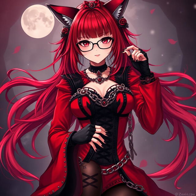 An enchanting gothic anime girl, Kitsune, featuring shoulder-length red hair and stylish glasses, embodying a captivating sexy aesthetic