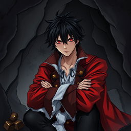 A seinen light novel cover featuring a young adult male pirate with striking black hair and vivid crimson red eyes, dressed in an elaborate red pirate coat