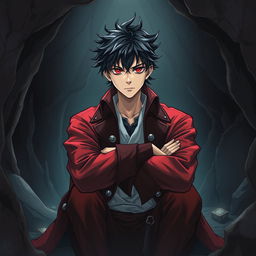 A seinen light novel cover featuring a young adult male pirate with striking black hair and vivid crimson red eyes, dressed in an elaborate red pirate coat